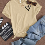 Romildi Heart Print Graphic T-Shirt, Short Sleeve Crew Neck Casual Top For Spring & Summer, Women's Clothing