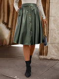 Romildi Faux Leather Button Front Skirt, Elegant Ruffle Hem Midi Skirt With Pocket, Women's Clothing