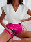 Romildi Romildi Elegant Solid V Neck Blouse, Short Sleeve Blouse For Spring & Summer, Women's Clothing
