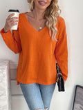 Romildi V Neck Knit Sweater, Casual Long Sleeve Dipped Hem Oversized Sweater, Women's Clothing