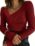 Solid Asymmetrical Neck Rib Knit Sweater, Casual Long Sleeve Slim Sweater, Women's Clothing