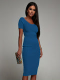 Romildi Solid Ribbed Dress, Elegant V Neck Short Sleeve Slim Dress, Women's Clothing