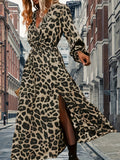 Romildi Leopard Print V Neck Dress, Boho Lantern Sleeve Split Dress, Women's Clothing