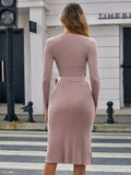 Romildi Solid V-neck Tie Waist Dress, Elegant Long Sleeve Bodycon Dress For Spring & Fall, Women's Clothing