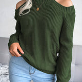 Romildi Solid Color Crew Neck Cold Shoulder Knitted Tops, Casual Everyday Pullover Sweaters, Women's Clothing