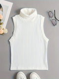 Romildi Rib Knit High Neck Sweater Knitted Top, Sleeveless Casual Tank Top, Women's Clothing