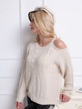 Romildi Solid Side Cold Shoulder Sweater, Casual Cable Knit Pullover Knitted Top For Fall & Winter, Women's Clothing