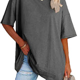 Romildi Drop Shoulder Half Sleeve T-Shirt, Loose Crew Neck Casual Top For Summer & Spring, Women's Clothing