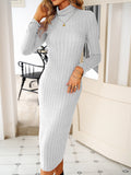 Romildi Solid Ribbed Knit Long Sleeve Dress, Casual Turtle Neck Slim Dress For Fall & Winter, Women's Clothing