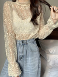 Romildi Guipure Lace Overlay Flare Sleeve Blouse, Casual Mock Neck Long Sleeve Blouse, Women's Clothing