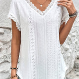 Romildi Lace Trim Eyelet Blouse, V Neck Loose Casual Top For Spring & Summer, Women's Clothing