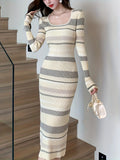 Romildi Striped Bodycon Midi Dress, Elegant Scoop Neck Long Sleeve Dress, Women's Clothing