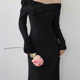 Romildi Ribbed Floral Decor Dress, Elegant Long Sleeve Bodycon Midi Dress, Women's Clothing