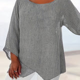 Romildi Plus Size Casual Top, Women's Plus Plain Crinkle Half Sleeve Round Neck Split Hem T-shirt