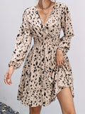 Romildi Leopard Print Lantern Sleeve Dress, Casual Surplice Neck A-line Shirred Dress, Women's Clothing
