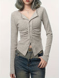 Romildi Long Sleeve Ribbed T-Shirt, Casual Button Up Top For Spring & Fall, Women's Clothing