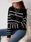 Romildi Striped Pattern Drop Shoulder Sweater, Casual Long Sleeve Knitted Top For Fall & Winter, Women's Clothing