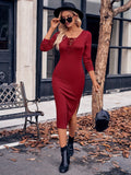 Romildi Solid Tie Neck Dress, Sexy Long Sleeve Split Bodycon Dress, Women's Clothing