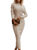 Romildi Ribbed Solid Bodycon Dress, Casual Mock Neck Long Sleeve Dress, Women's Clothing
