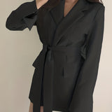 Romildi Solid Tie-waist Lapel Blazer, Elegant Long Sleeve Outerwear For Work & Office, Women's Clothing
