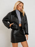 Romildi Solid Faux Fur Decor Jacket, Versatile Zipper Drop Shoulder Jacket, Women's Clothing