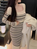 Romildi Striped Print Knitted Slim Dress, Elegant Long Sleeve Dress, Women's Clothing