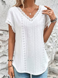 Romildi Romildi Lace Trim Eyelet Blouse, V Neck Loose Casual Top For Spring & Summer, Women's Clothing