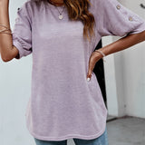 Romildi Button Decor Crew Neck T-shirt, Casual Loose Short Sleeve Summer T-Shirts Tops, Women's Clothing