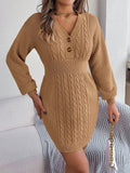 Romildi Cable Knit Sweater Dress, Casual V Neck Long Sleeve Dress, Women's Clothing