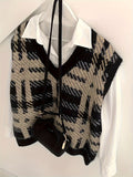 Romildi Plaid Pattern V Neck Knit Vest, Vintage Long Sleeve Loose Sweater Vest, Women's Clothing