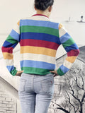 Romildi Rainbow Striped Button Up Knit Cardigan, Boho Crew Neck Long Sleeve Sweater, Women's Clothing