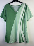 Romildi Plus Size Casual T-shirt, Women's Plus Colorblock Stripe Print Button Up Short Sleeve Medium Stretch T-shirt