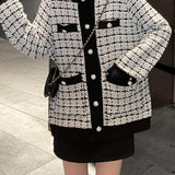 Romildi Preppy Plaid Pattern Button Up Pocket Cardigan, Casual Long Sleeve Cardigan For Fall & Winter, Women's Clothing