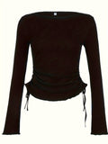 Romildi Drawstring Crew Neck T-Shirt, Y2K Long Sleeve Lettuce Trim Top For Spring & Fall, Women's Clothing