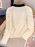 Romildi Contrast Trim Crew Neck Knit Sweater, Casual Long Sleeve Ruched Sweater, Women's Clothing