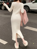 romildi  Solid Rib-knit Asymmetric Neck Sweater Dress, Long Sleeve Split Hem Bodycon Elegant Dress, Women's Clothing