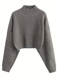 Romildi Solid Crew Neck Crop Sweater, Casual Lantern Sleeve Comfy Pullover Sweater, Women's Clothing