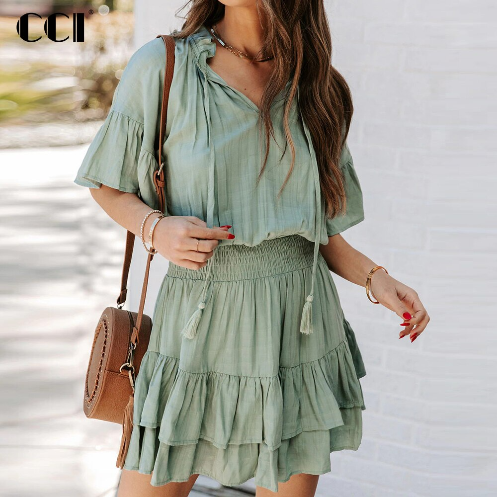 Romildi pink floral print ruffled trims dresses women pintucked front tiered cute summer dress V-neck ladies dress party