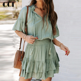 Romildi pink floral print ruffled trims dresses women pintucked front tiered cute summer dress V-neck ladies dress party