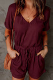 rRomildi Casual Street Solid Pocket Frenulum V Neck Loose Jumpsuits