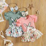 RomiLdi Baby Girl Clothes Easter Set Cute Rabbit Print Short Sleeve Bodysuit Top Floral Shorts Bow Headband