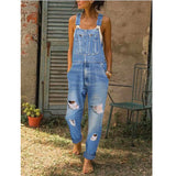 RomiLdi Casual Solid Ripped Slit Strap Sleeveless Regular Denim Jumpsuits with Front Pocket