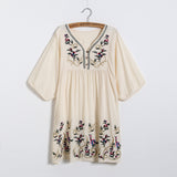 rRomildi Women's Vintage Tribal Embroidery Floral Dress V-Neck Retro Summer Vacation Boho Dress