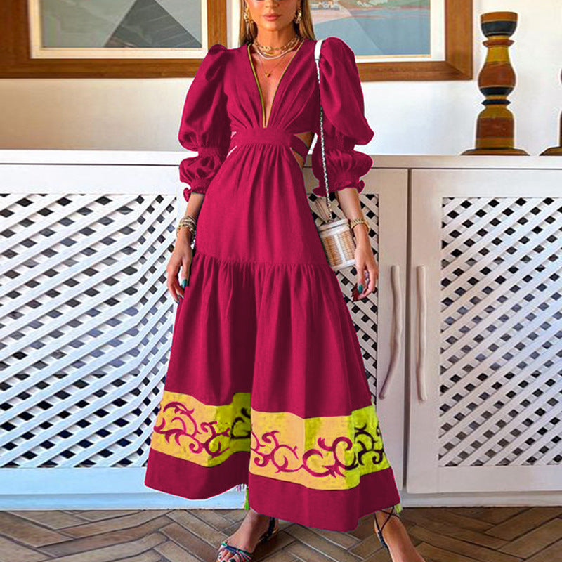 RomiLdi Women's Maxi Dress V-Neck Puff Sleeve Big Swing Floral Holiday Dress