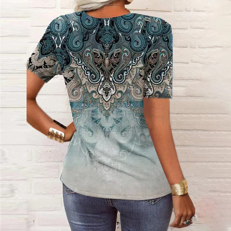 rRomildi Women's Summer Tops V-Neck Short Sleeve Floral Print Retro Vintage T-Shirt