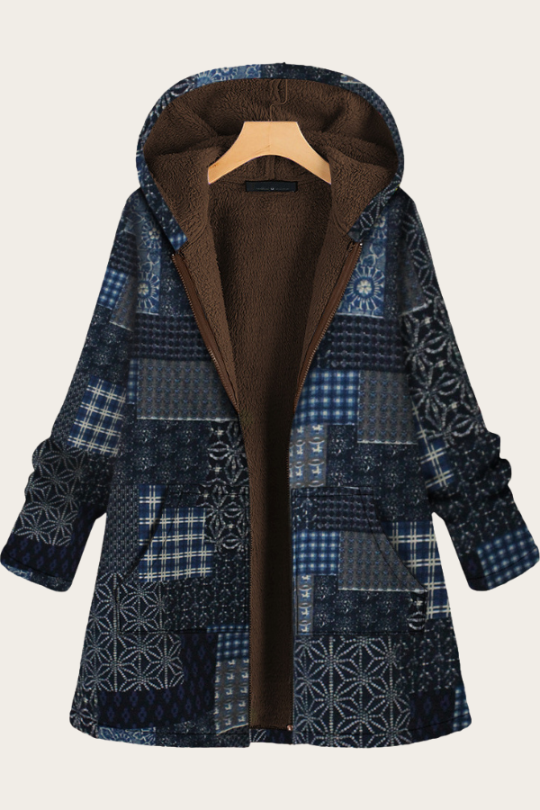 RomiLdi Womens Coat Vintage West Floral Print Blue Hoodie Thick Fleece Jacket Coat Outerwear