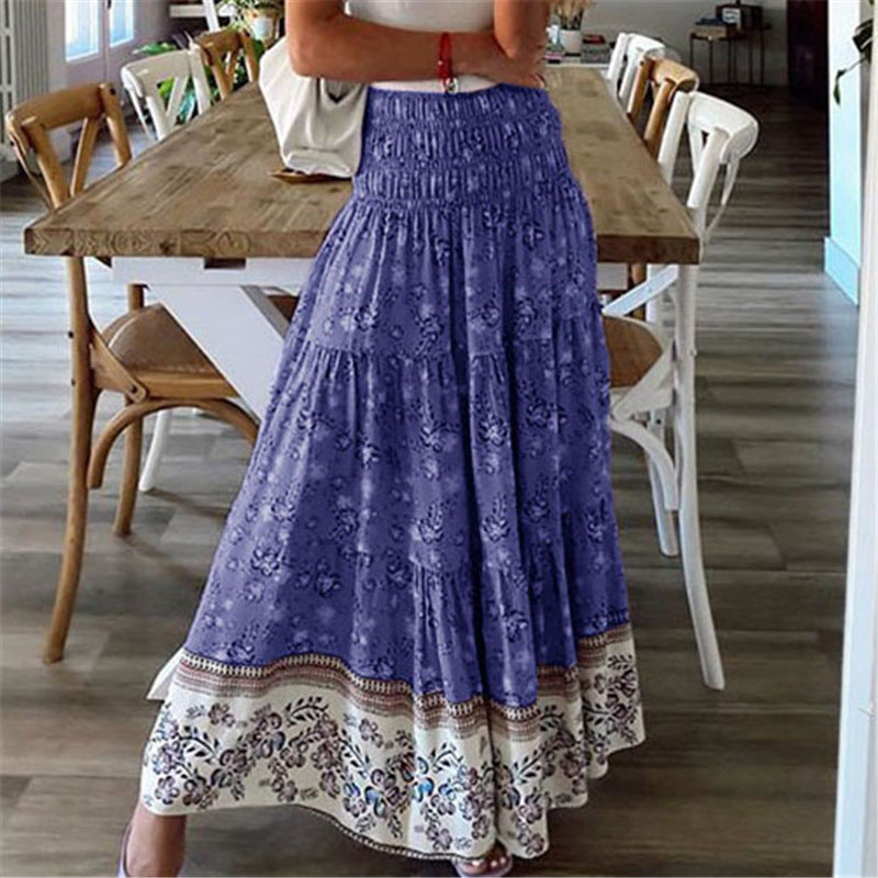 rRomildi Purple Floral Print Shirred High Waist Maxi Skirt