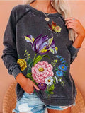 RomiLdi Women's Sweatshirt Floral Butterfly Print Crew Neck Long Sleeve Top
