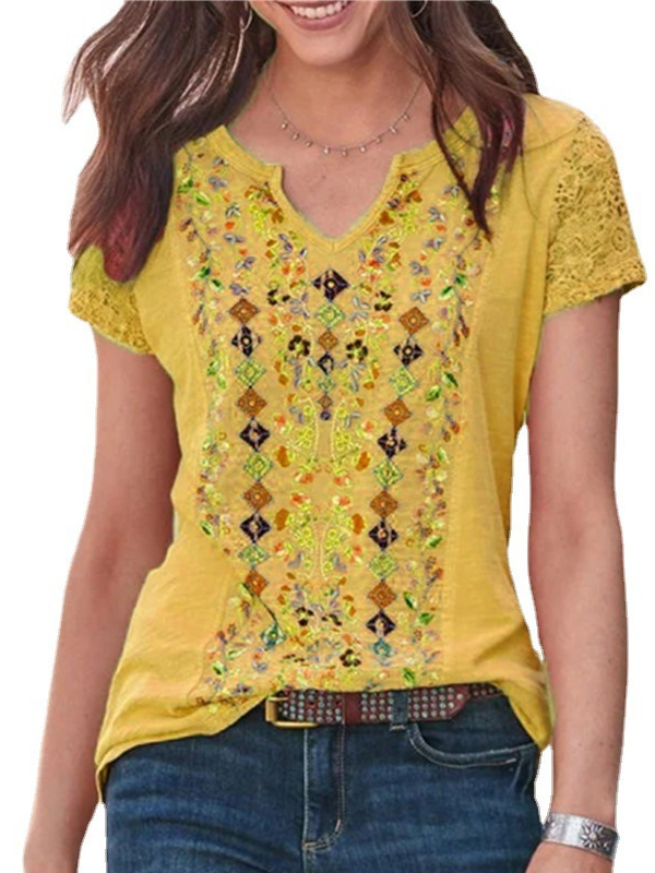 RomiLdi Women's T-Shirt Tribal Floral Print Short Sleeve V-Neck Tee