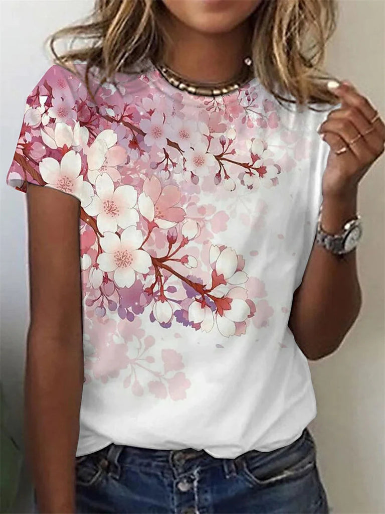 RomiLdi Women's 2023 Spring Floral Printed T-Shirts Crew Neck Short Sleeve Tee